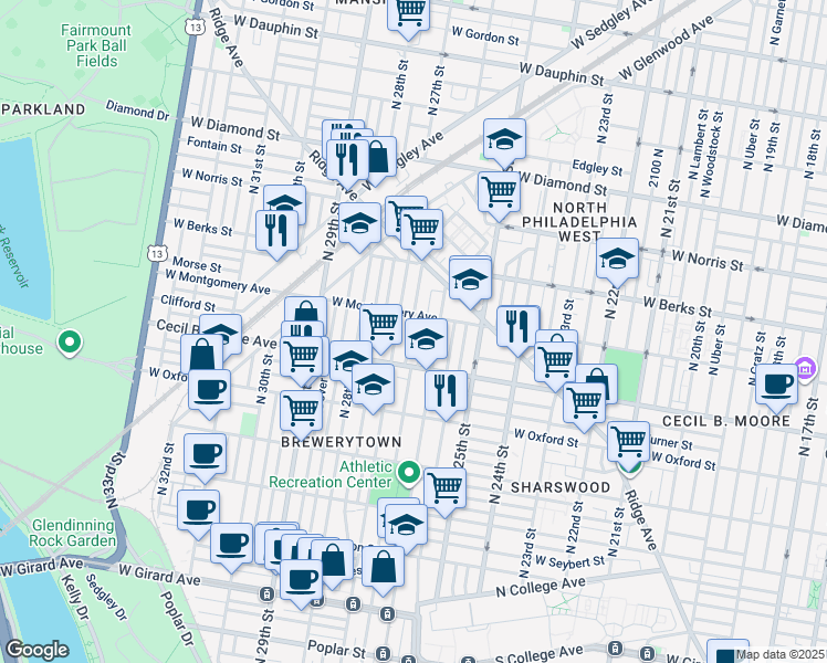 map of restaurants, bars, coffee shops, grocery stores, and more near 1747 North Taney Street in Philadelphia