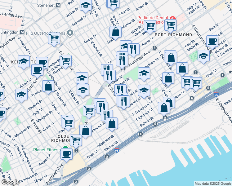map of restaurants, bars, coffee shops, grocery stores, and more near 2443 East Somerset Street in Philadelphia