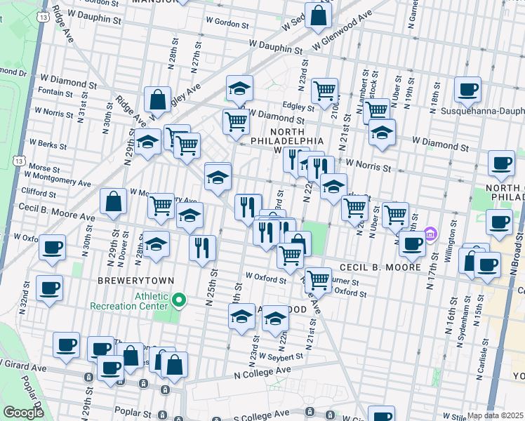 map of restaurants, bars, coffee shops, grocery stores, and more near 1803 North Bucknell Street in Philadelphia