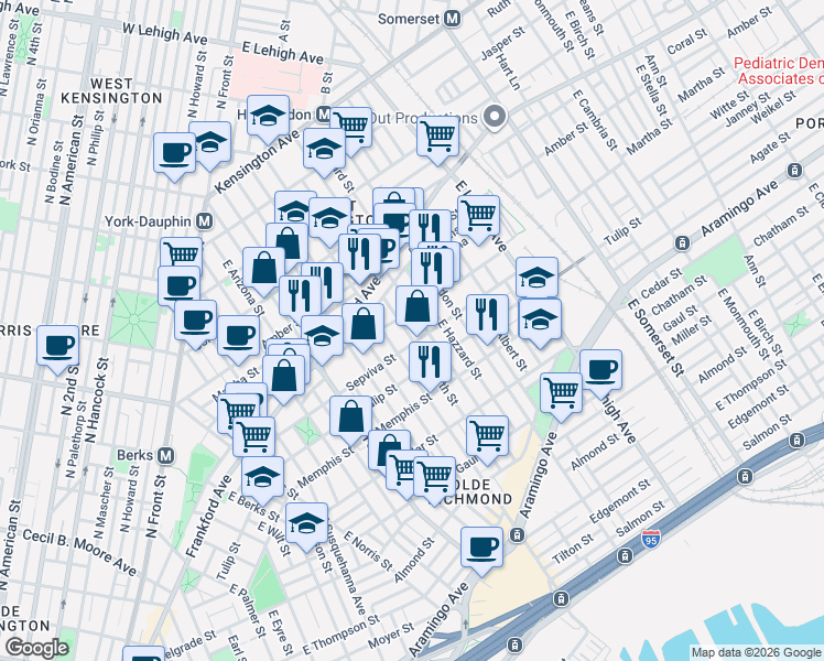 map of restaurants, bars, coffee shops, grocery stores, and more near 2139 East Cumberland Street in Philadelphia