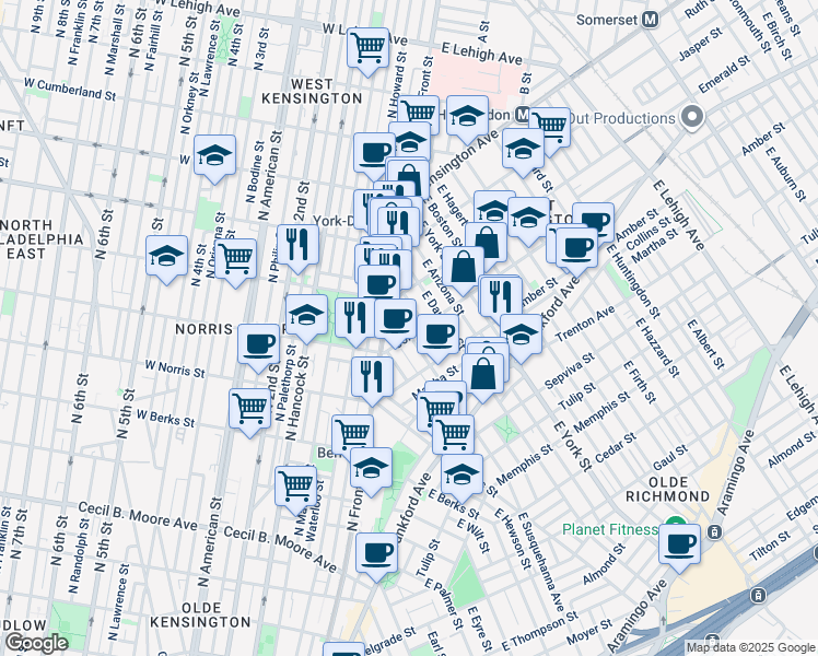 map of restaurants, bars, coffee shops, grocery stores, and more near 2200 Coral Street in Philadelphia