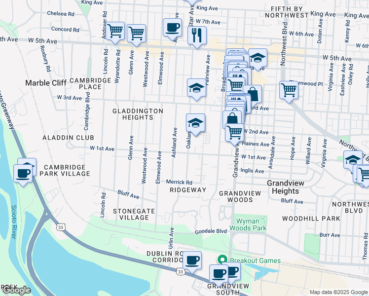map of restaurants, bars, coffee shops, grocery stores, and more near 1230 Oakland Avenue in Columbus