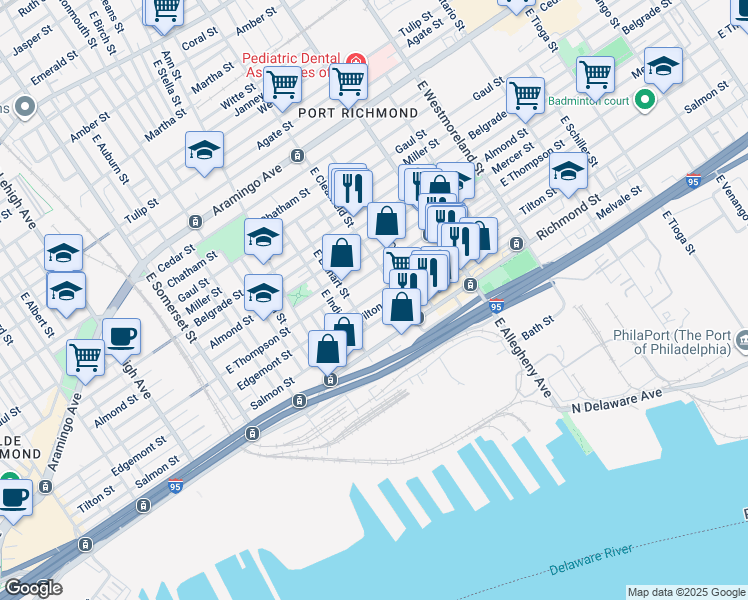 map of restaurants, bars, coffee shops, grocery stores, and more near 3049 Edgemont Street in Philadelphia