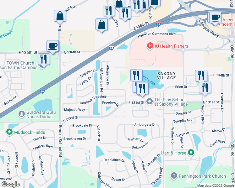 map of restaurants, bars, coffee shops, grocery stores, and more near 12884 Courage Crossing in Fishers