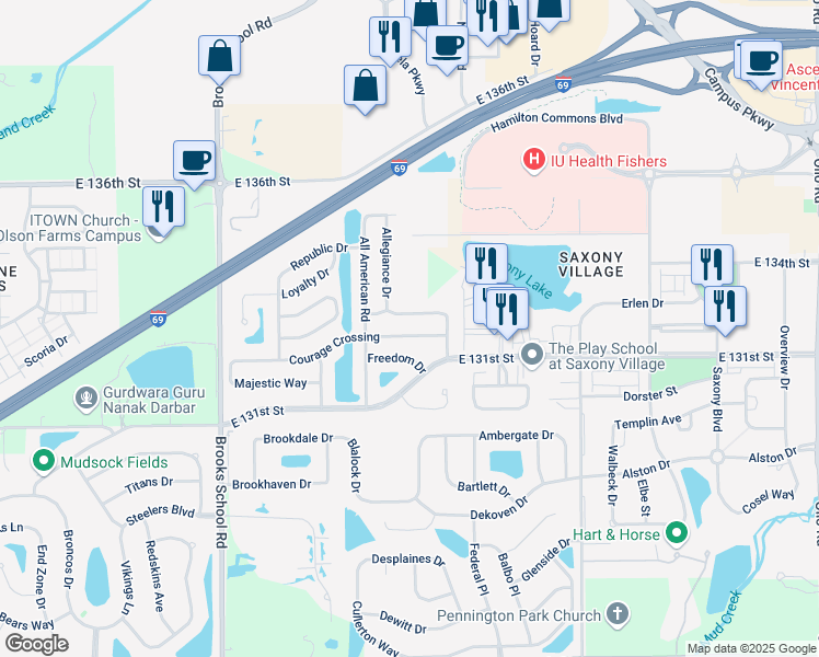 map of restaurants, bars, coffee shops, grocery stores, and more near 12884 Courage Crossing in Fishers