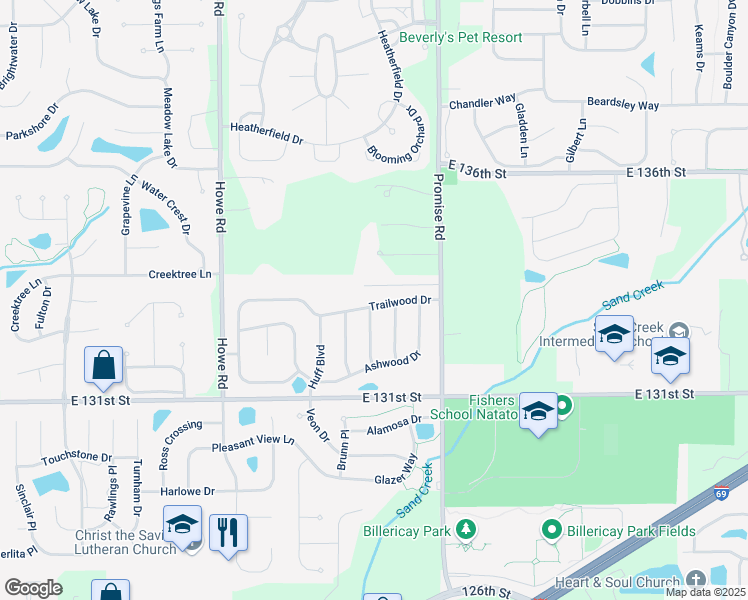 map of restaurants, bars, coffee shops, grocery stores, and more near 10866 Trailwood Drive in Fishers