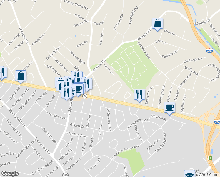 map of restaurants, bars, coffee shops, grocery stores, and more near 90 Strathaven Drive in Broomall