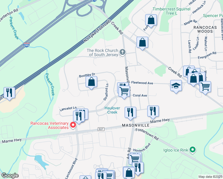 map of restaurants, bars, coffee shops, grocery stores, and more near 26 Stratford Lane in Mount Laurel Township
