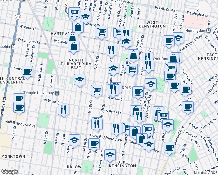 map of restaurants, bars, coffee shops, grocery stores, and more near 2048 North Orkney Street in Philadelphia