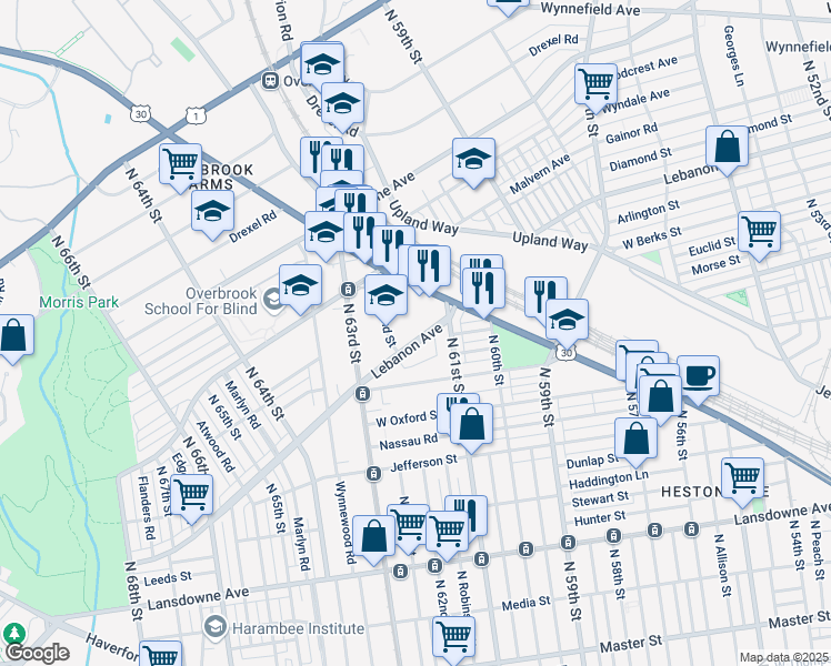 map of restaurants, bars, coffee shops, grocery stores, and more near 6147 Lebanon Ave in Philadelphia