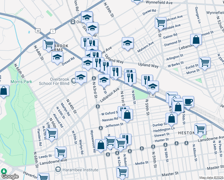 map of restaurants, bars, coffee shops, grocery stores, and more near 6147 Lebanon Avenue in Philadelphia