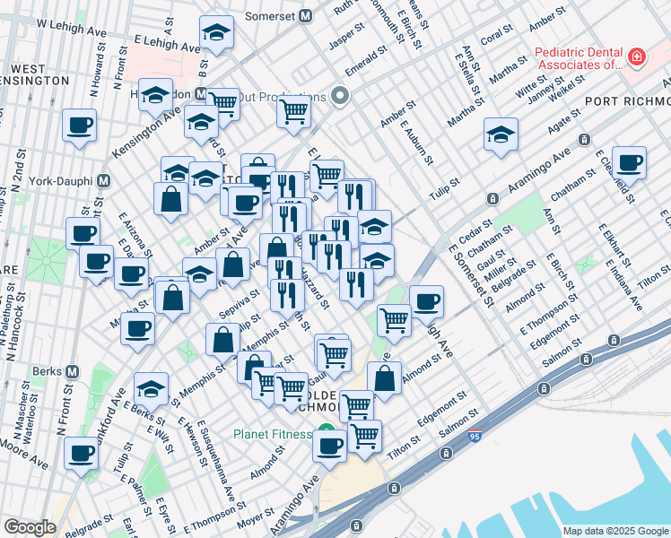 map of restaurants, bars, coffee shops, grocery stores, and more near 2619 Tulip Street in Philadelphia