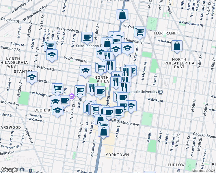 map of restaurants, bars, coffee shops, grocery stores, and more near 1922 North Broad Street in Philadelphia