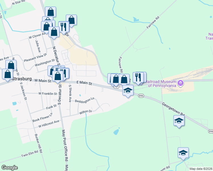 map of restaurants, bars, coffee shops, grocery stores, and more near 151 East Main Street in Strasburg