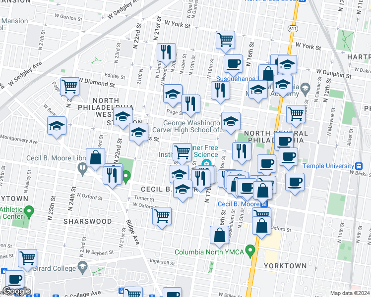 map of restaurants, bars, coffee shops, grocery stores, and more near 1844 North Gratz Street in Philadelphia