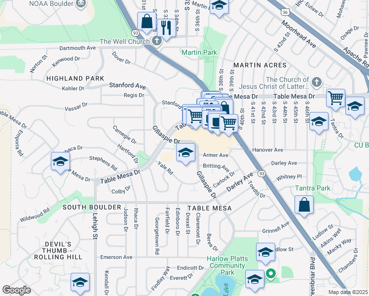 map of restaurants, bars, coffee shops, grocery stores, and more near 801 Gillaspie Drive in Boulder