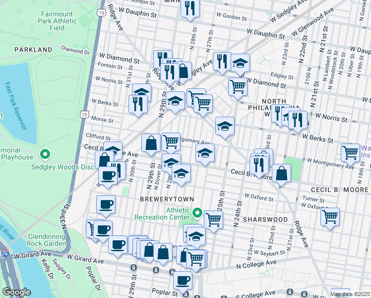 map of restaurants, bars, coffee shops, grocery stores, and more near 2716 West Eyre Street in Philadelphia