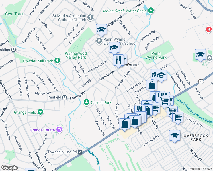 map of restaurants, bars, coffee shops, grocery stores, and more near 113 Harrogate Road in Penn Wynne