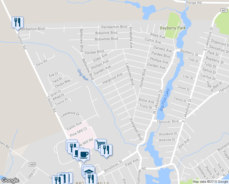 map of restaurants, bars, coffee shops, grocery stores, and more near 111 Orange Avenue in Browns Mills