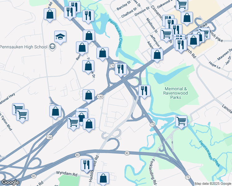 map of restaurants, bars, coffee shops, grocery stores, and more near 2118 Haddonfield Road in Pennsauken Township