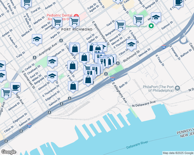 map of restaurants, bars, coffee shops, grocery stores, and more near 3127 Salmon Street in Philadelphia