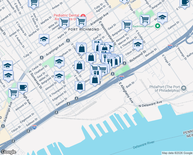 map of restaurants, bars, coffee shops, grocery stores, and more near 3127 Salmon Street in Philadelphia