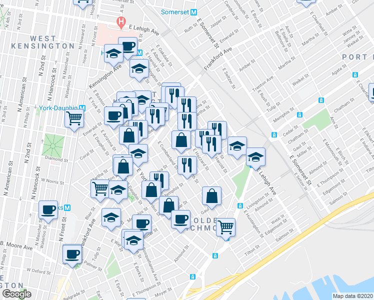 map of restaurants, bars, coffee shops, grocery stores, and more near 2536 Sepviva Street in Philadelphia