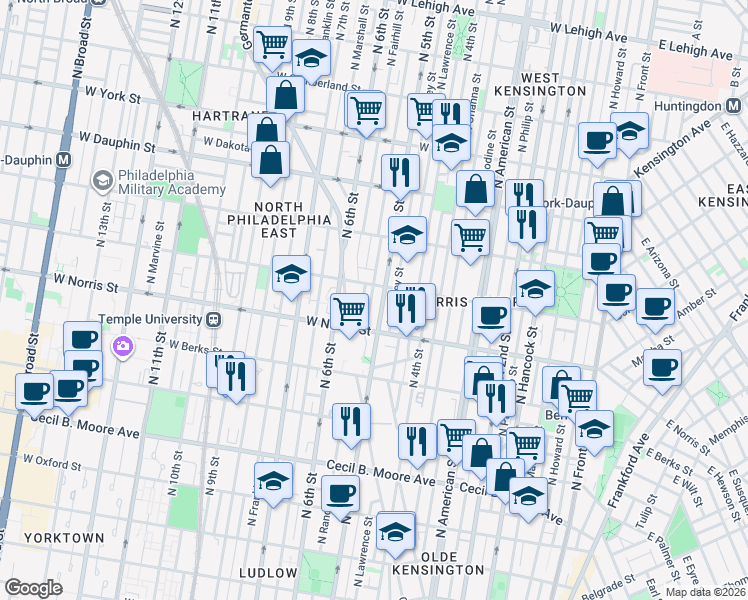 map of restaurants, bars, coffee shops, grocery stores, and more near 2048 North 5th Street in Philadelphia