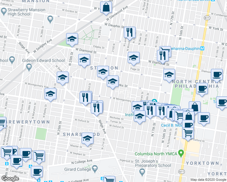 map of restaurants, bars, coffee shops, grocery stores, and more near in Philadelphia