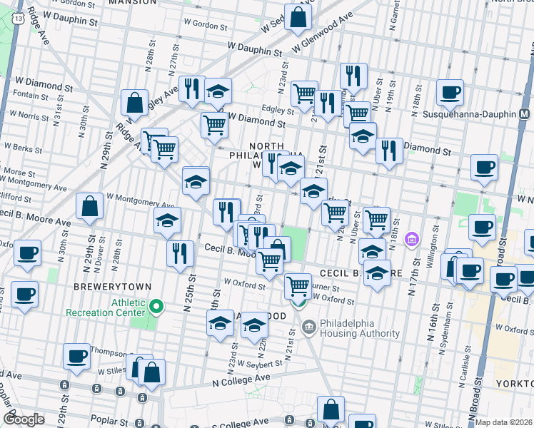 map of restaurants, bars, coffee shops, grocery stores, and more near 1821 North Croskey Street in Philadelphia
