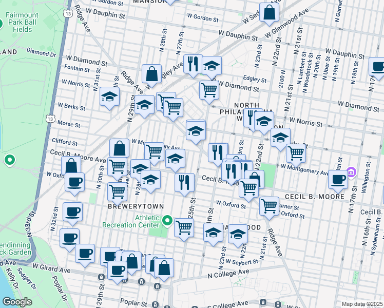 map of restaurants, bars, coffee shops, grocery stores, and more near in Philadelphia