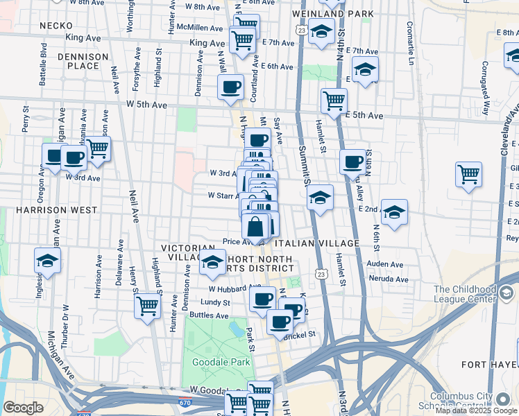 map of restaurants, bars, coffee shops, grocery stores, and more near 1014 North High Street in Columbus