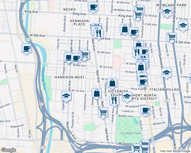 map of restaurants, bars, coffee shops, grocery stores, and more near 312 West 2nd Avenue in Columbus