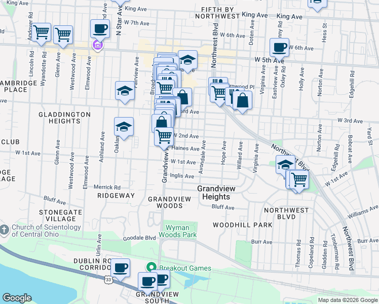 map of restaurants, bars, coffee shops, grocery stores, and more near 1411 Haines Avenue in Columbus