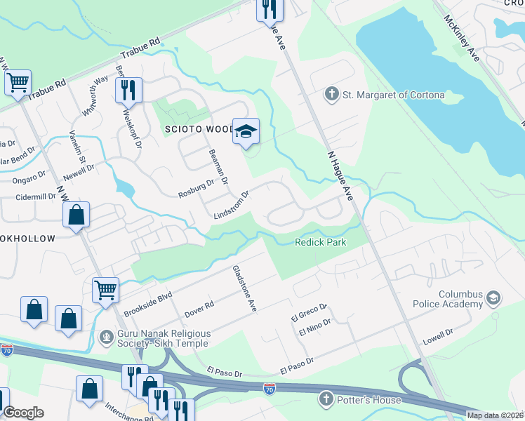 map of restaurants, bars, coffee shops, grocery stores, and more near 3300 Vasalboro Way in Columbus