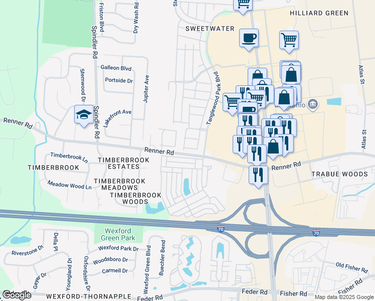 map of restaurants, bars, coffee shops, grocery stores, and more near 5698 Rutgers Lane in Hilliard