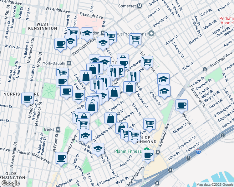 map of restaurants, bars, coffee shops, grocery stores, and more near 2148 East Cumberland Street in Philadelphia
