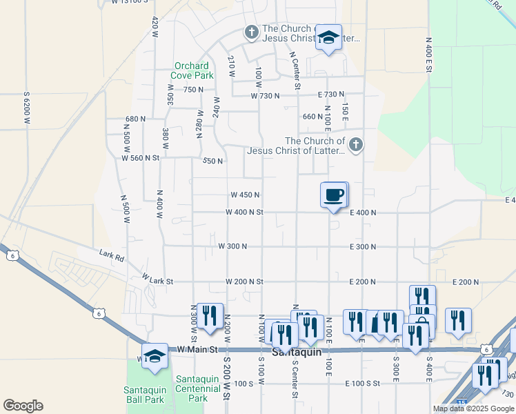 map of restaurants, bars, coffee shops, grocery stores, and more near 415 100 West in Santaquin