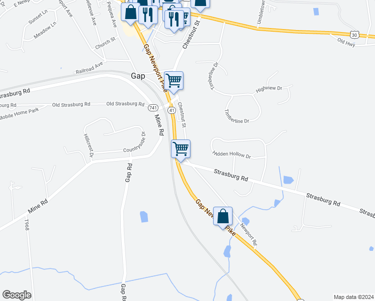 map of restaurants, bars, coffee shops, grocery stores, and more near 935 Chestnut Street in Gap