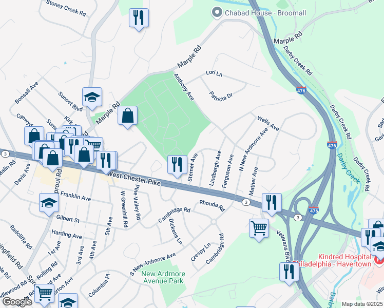 map of restaurants, bars, coffee shops, grocery stores, and more near 38 Sterner Avenue in Broomall