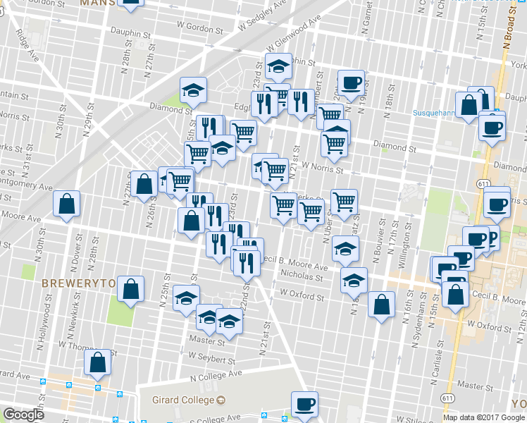 map of restaurants, bars, coffee shops, grocery stores, and more near 1819 North 22nd Street in Philadelphia