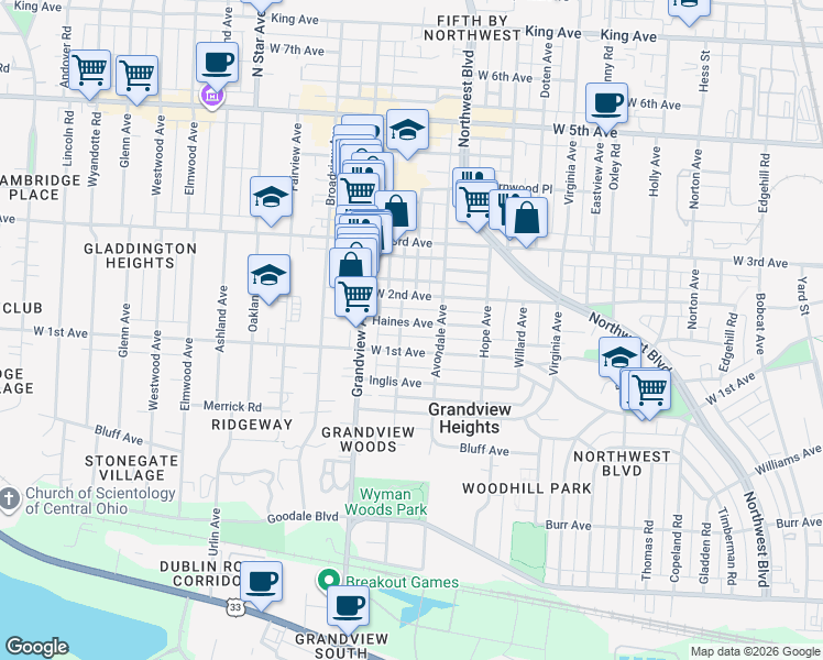 map of restaurants, bars, coffee shops, grocery stores, and more near 1411 Haines Ave in Columbus