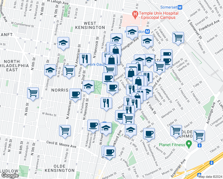 map of restaurants, bars, coffee shops, grocery stores, and more near 2129 North Front Street in Philadelphia