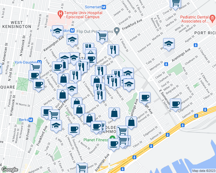 map of restaurants, bars, coffee shops, grocery stores, and more near 2214 East Huntingdon Street in Philadelphia