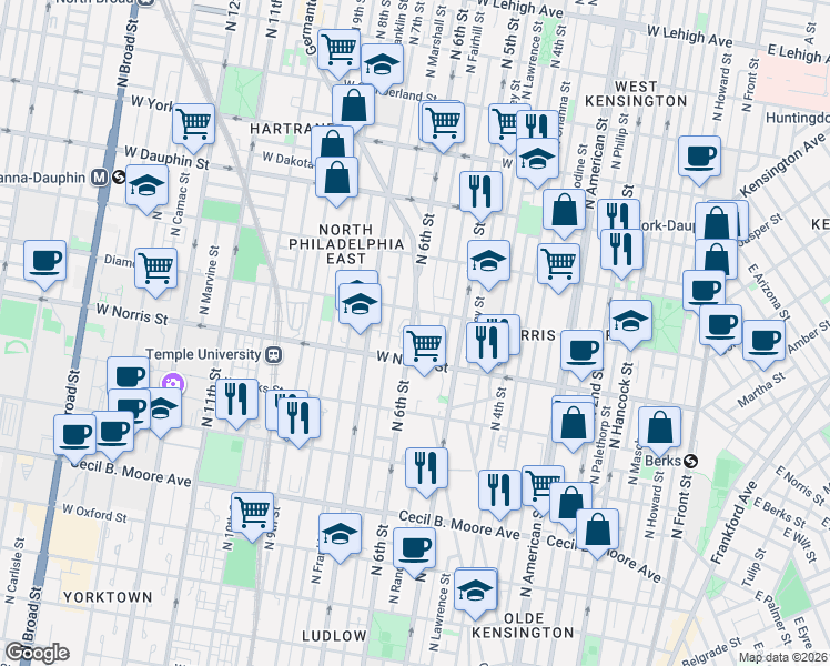 map of restaurants, bars, coffee shops, grocery stores, and more near 2036 Germantown Avenue in Philadelphia