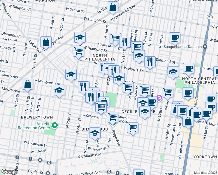 map of restaurants, bars, coffee shops, grocery stores, and more near 1819 North 22nd Street in Philadelphia