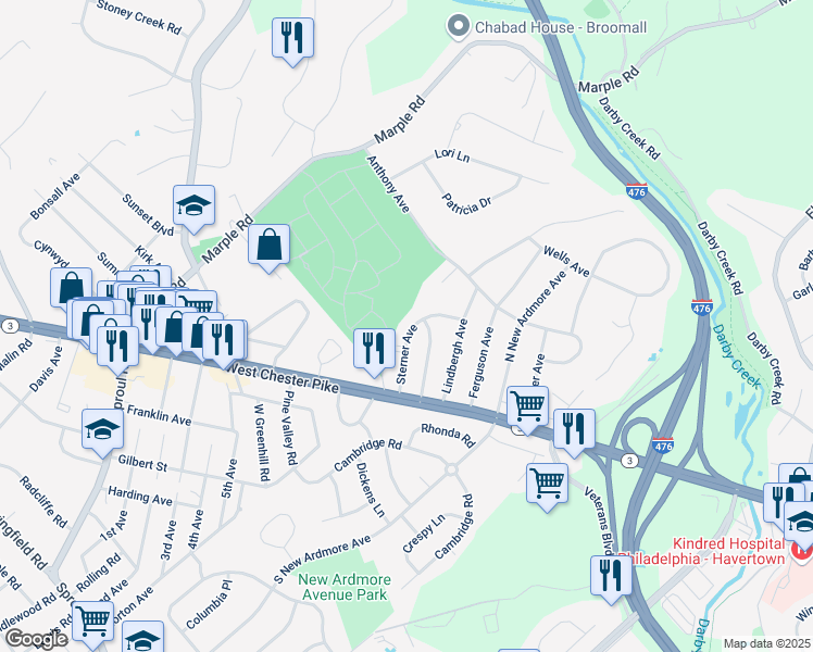 map of restaurants, bars, coffee shops, grocery stores, and more near 38 Sterner Avenue in Broomall