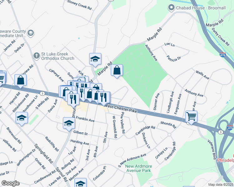 map of restaurants, bars, coffee shops, grocery stores, and more near 90 Strathaven Drive in Broomall
