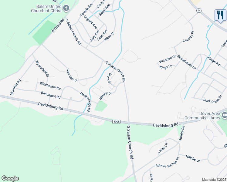 map of restaurants, bars, coffee shops, grocery stores, and more near 3328 Hub Court in Dover