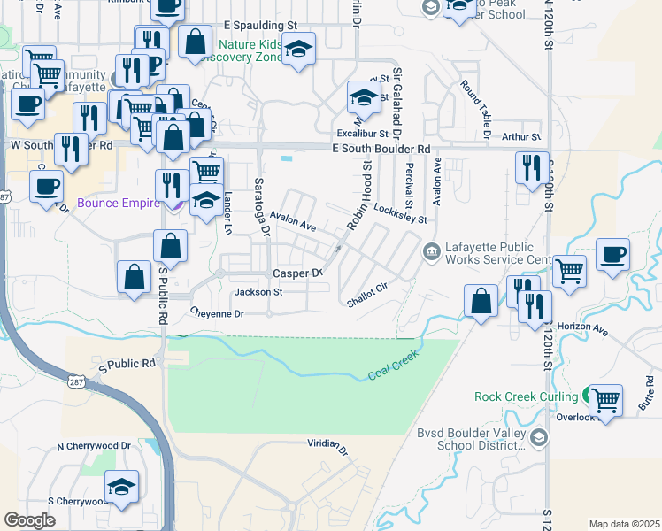 map of restaurants, bars, coffee shops, grocery stores, and more near 672 Casper Drive in Lafayette